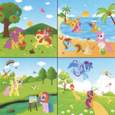 Colorful unicorn play mat for kids featuring vibrant scenes with ponies in nature and at the beach